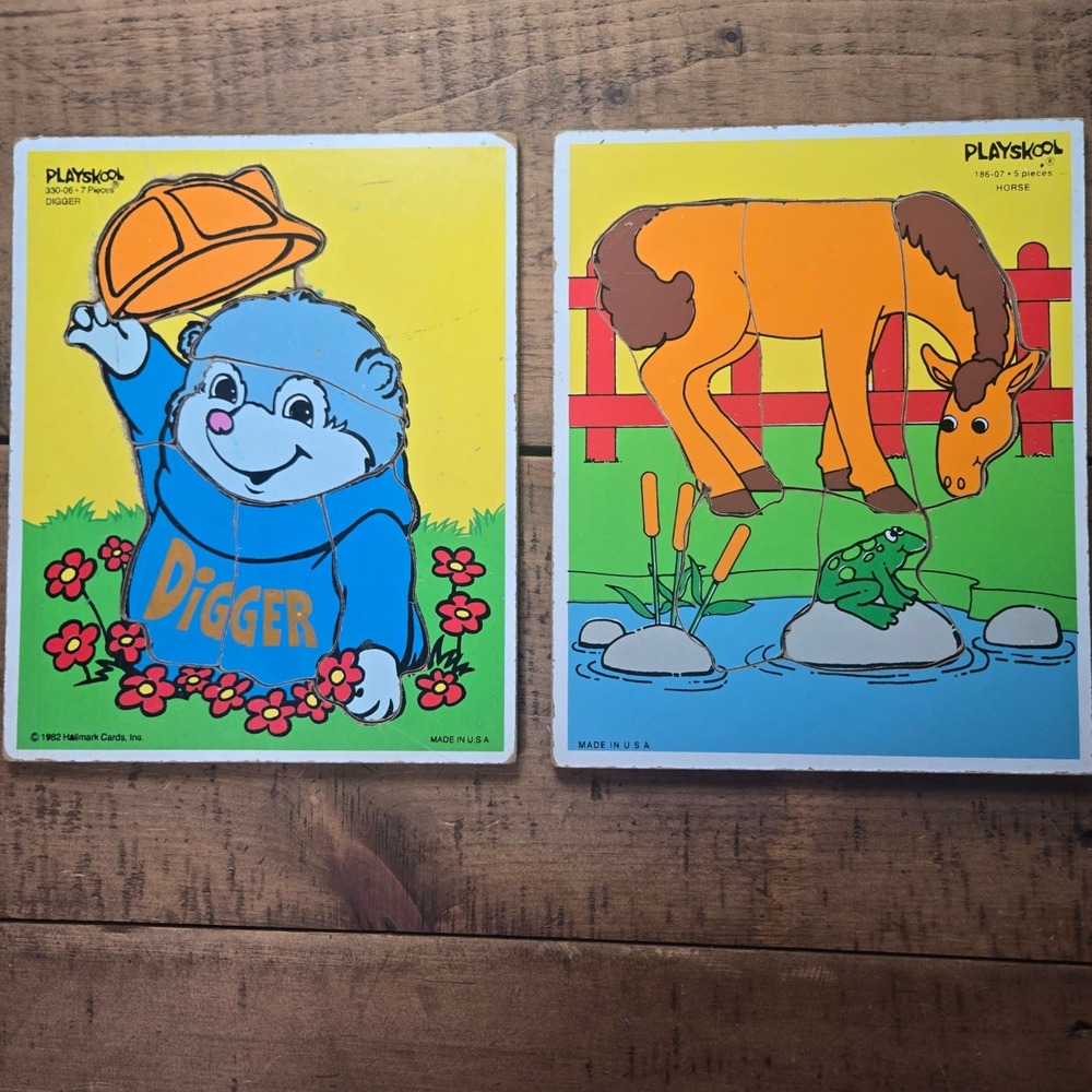 Vintage 1982 Playskool Wood Puzzles Set Digger Mole 330-06 Horse 186-07 USA Made